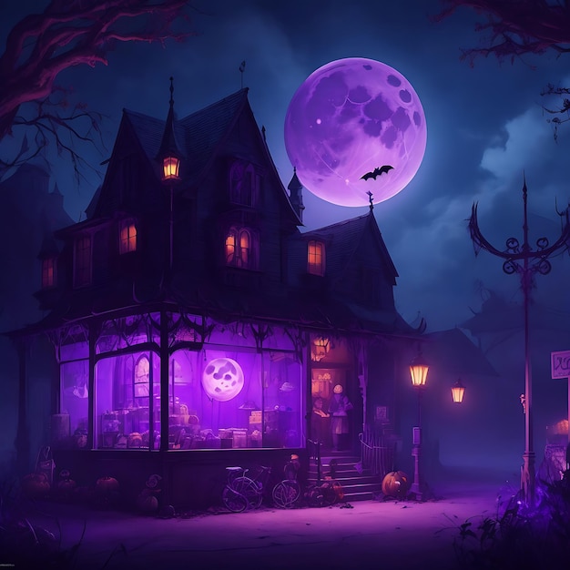 Citrouille de célébration d'Halloween et château sombre avec cimetière Lune nuit effrayante générée par l'IA