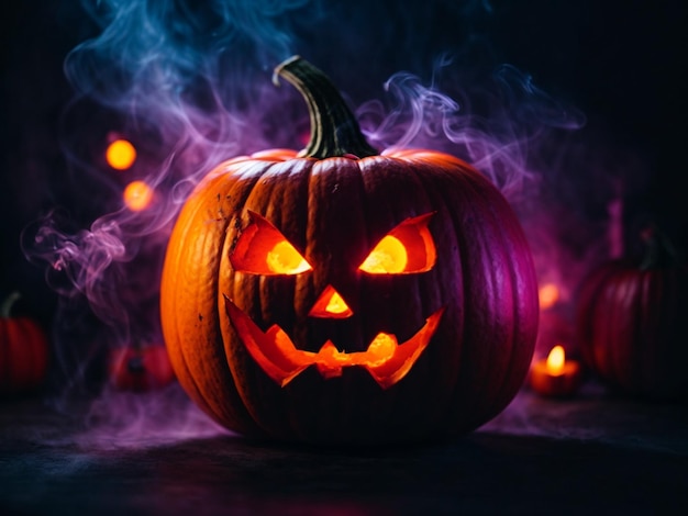 Citrouille de concept d'Halloween avec un visage lumineux effrayant en fumée et fond clair au néon