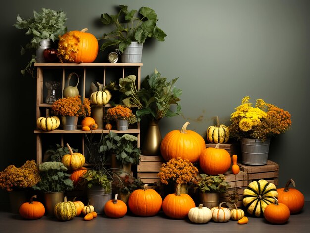 Citrouille et courge fraîches assorties sur table avec feuilles d'automne rouges et jaunes