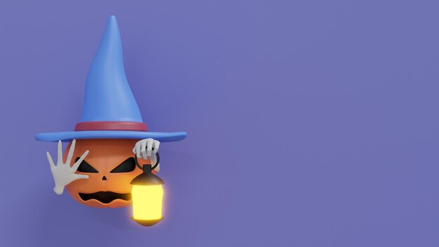 Photo citrouille dans un chapeau tenant une lanterne. illustration 3d halloween stylisée.