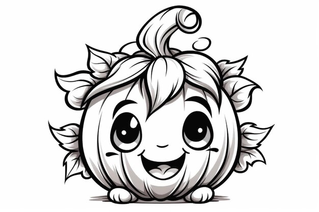 Une citrouille de dessin animé avec un grand sourire et des feuilles sur sa tête