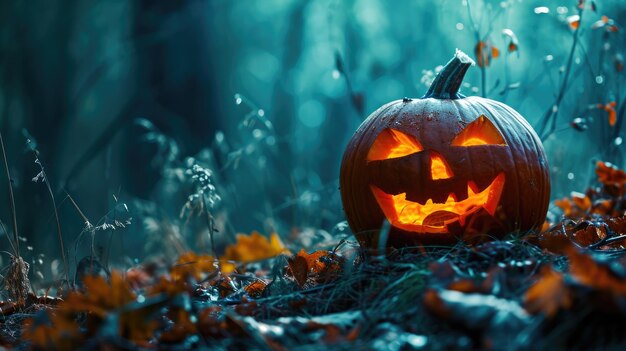 La citrouille effrayante d'Halloween au clair de lune dans la forêt sombre