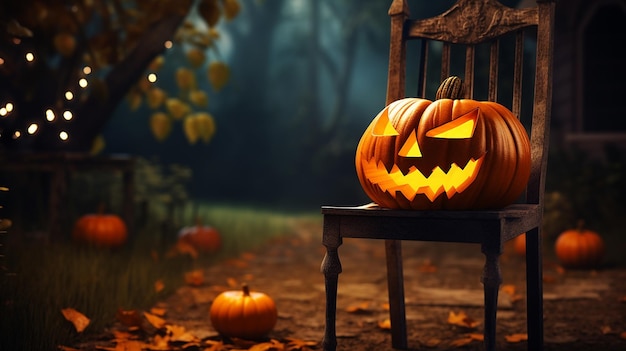 Citrouille effrayante d'Halloween Jacko'Lantern sur une chaise