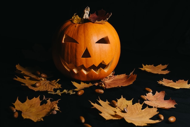 Citrouille d'Halloween aux feuilles d'érable orange et aux glands