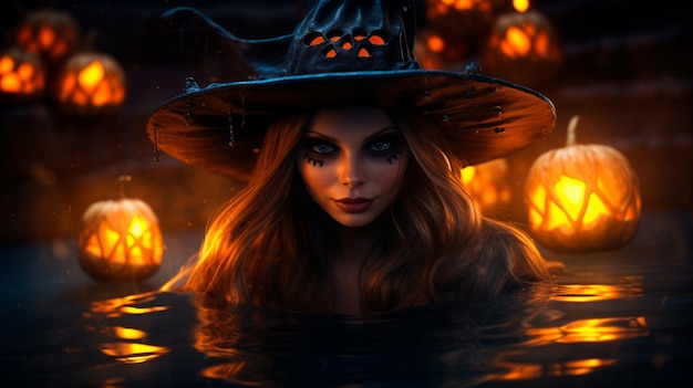 citrouille d'Halloween aux yeux noirs belle femme sorcière