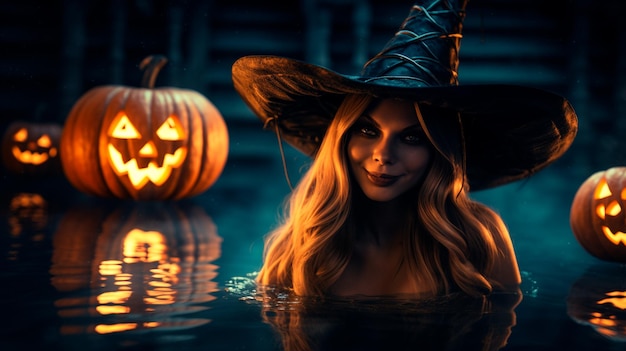 citrouille d'Halloween aux yeux noirs belle femme sorcière