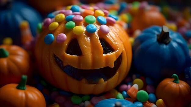 Une citrouille d'halloween avec des bonbons dessus et une citrouille avec le mot bonbons dessus.