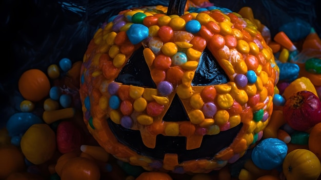 Une citrouille d'halloween avec des bonbons dessus