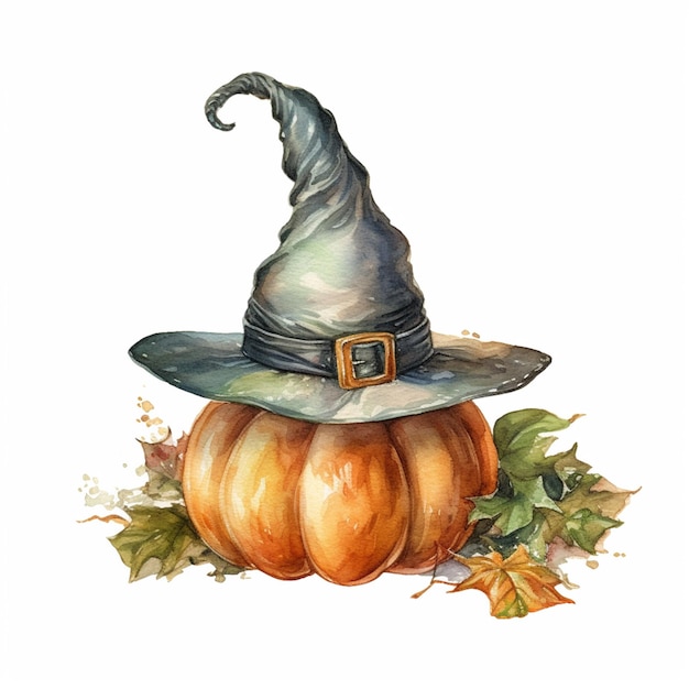 Une citrouille d'halloween avec un chapeau de sorcière dessus.