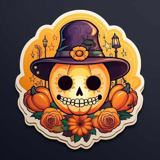 Citrouille d'Halloween avec chapeau de sorcière et fleursillustration pour votre conceptionAutocollant jour des morts