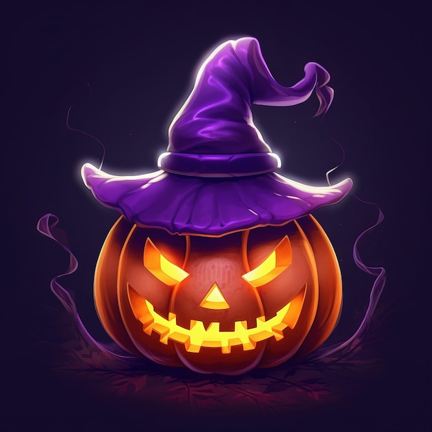 Une citrouille d'halloween avec un chapeau violet et un chapeau de sorcière violet.