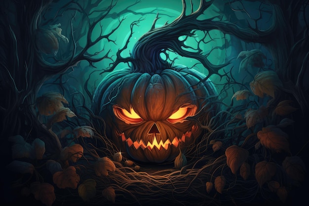Citrouille d'Halloween dans les bois avec une pleine lune en arrière-plan