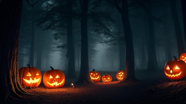 Citrouille d'Halloween dans un fond de forêt sombre