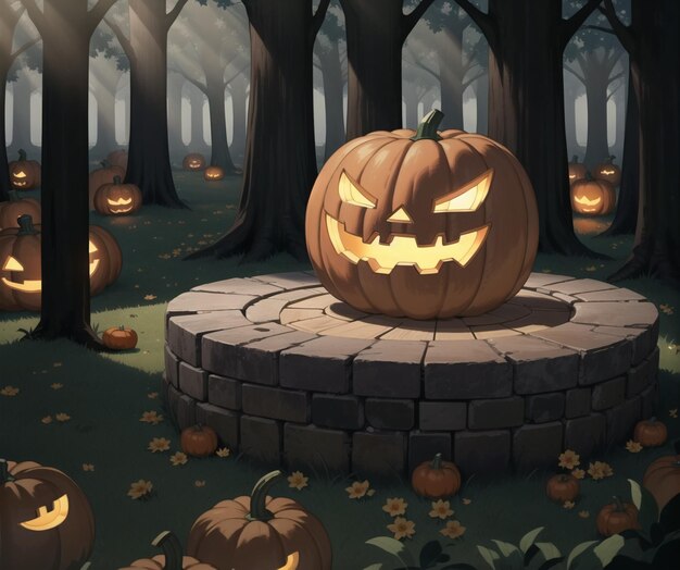 Une citrouille d'halloween dans une forêt sombre avec un fond effrayant.