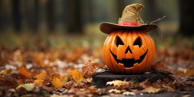 La citrouille d'Halloween dans le parc est un accent vibrant dans le paysage d'automne créant une atmosphère de célébration mystérieuse AI générative AI