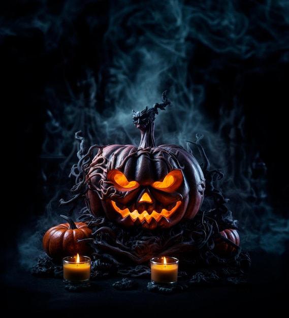 Citrouille d'Halloween dans un style sombre avec feu à l'intérieur et fumée