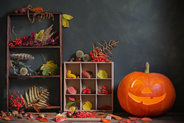 Citrouille d'Halloween avec des décorations naturelles d'automne sur dark