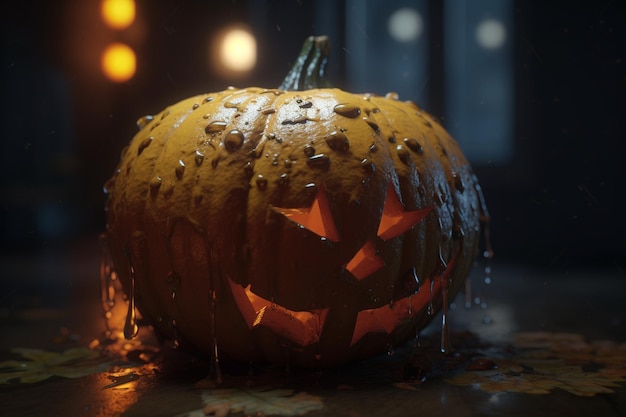 Une citrouille d'halloween avec de l'eau qui coule sur le visage