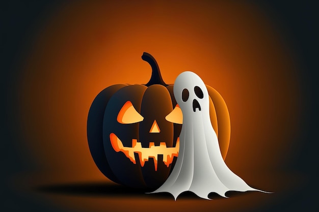 Une citrouille d'Halloween avec un fantôme blanc brillant à l'intérieur et une toile de fond simple