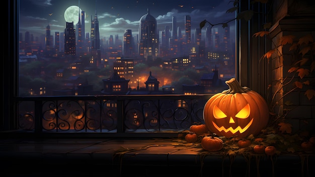 citrouille d'Halloween à une fenêtre avec une image d'un autre paysage urbain atmosphérique de citrouille