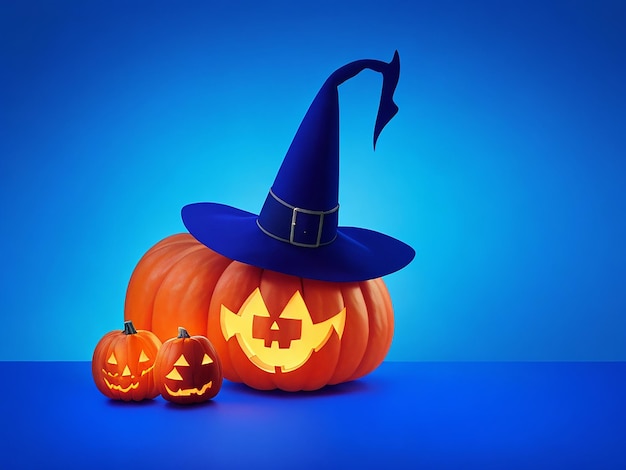 Citrouille Halloween fond bleu coiffé d'un chapeau de sorcière Jackolantern fond