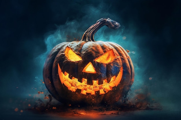 Une citrouille d'halloween avec un fond bleu et le mot halloween dessus.