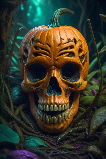 Citrouille d'Halloween en forme de crâne dans la forêt