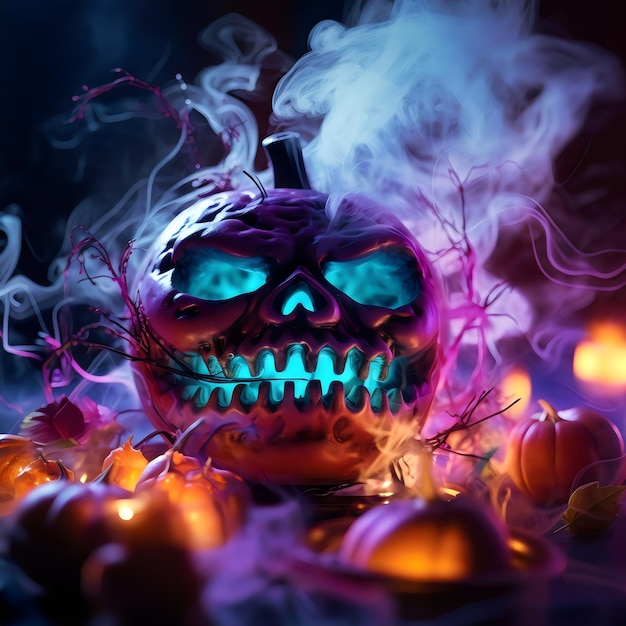 Citrouille d'Halloween heureuse avec de la fumée sur une image réaliste de bg sombre