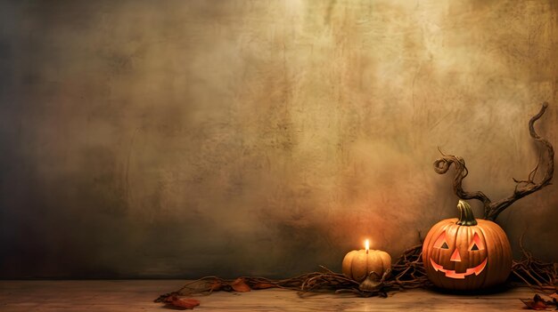 Citrouille d'Halloween illuminée à côté d'une bougie Spooky image Copiez l'espace de l'espace sur la gauche Fond d'écran Jack o lantern All saints day