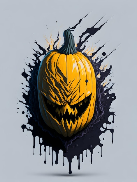 Une citrouille d'Halloween avec une illustration de visage d'horreur sur fond noir