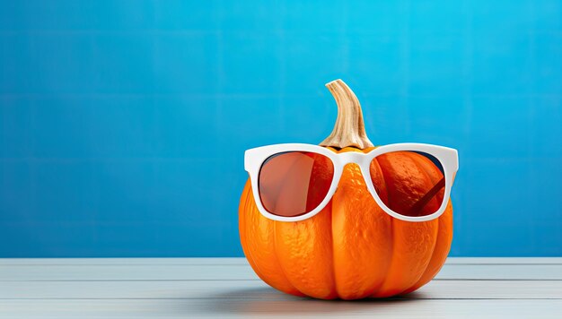 Une citrouille d'Halloween avec des lunettes de soleil sur un fond bleu