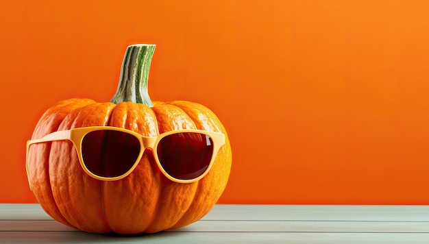 Une citrouille d'Halloween avec des lunettes de soleil sur un fond orange