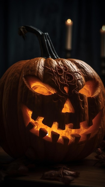 Une citrouille d'Halloween magistralement sculptée avec des détails méticuleux et une image HD avec un sourire sinistre