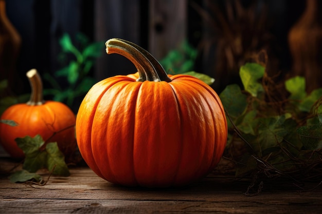 une citrouille d'Halloween orange sur une table en bois