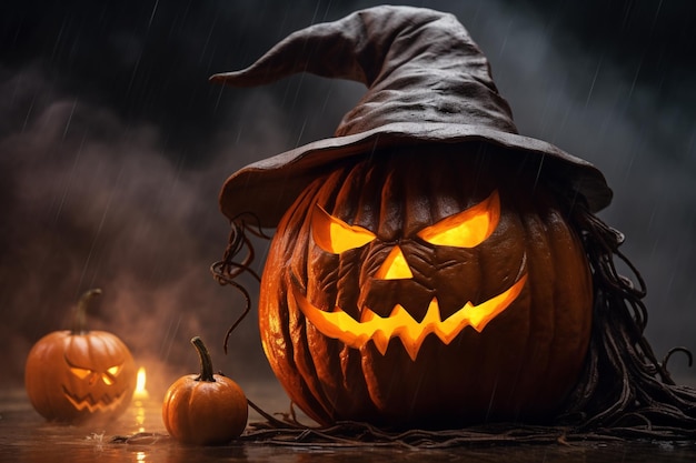 Citrouille d'Halloween rougeoyante en gros plan avec chapeau de sorcière Petites citrouilles allumées bougie lors d'une nuit sombre et pluvieuse