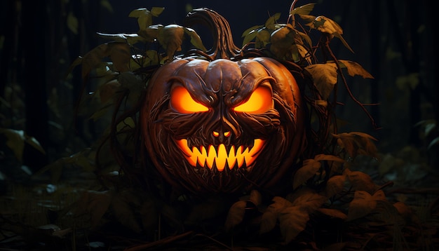 citrouille d'Halloween sculptée dans des feuilles éclairées ai générative