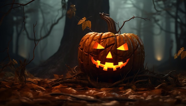 citrouille d'Halloween sculptée dans des feuilles éclairées ai générative