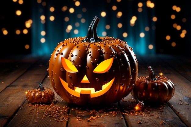 citrouille d'Halloween sur une table en bois avec des bougies dans la nuit noire