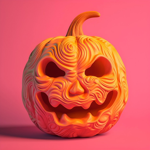 Citrouille d'Halloween avec un visage effrayant sur fond rose Contenu généré par l'IA