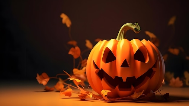 Une citrouille d'halloween avec un visage effrayant se trouve sur un fond sombre.