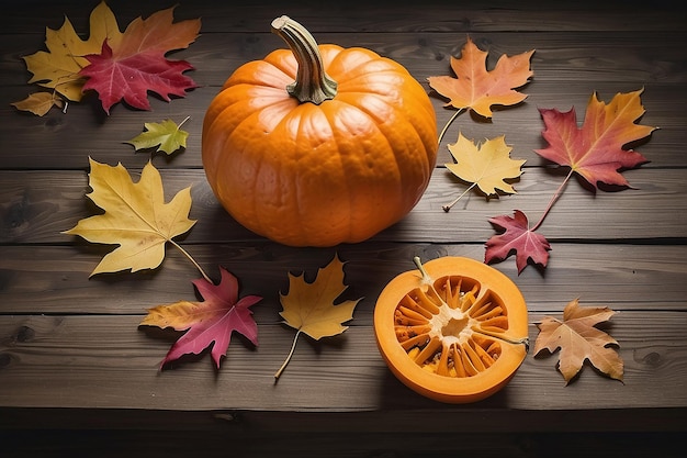 Une citrouille heureuse et une feuille d'automne sur un bois de table