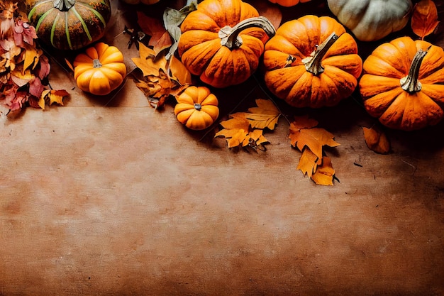 Citrouille heureuse et feuille d'automne sur un bois de table