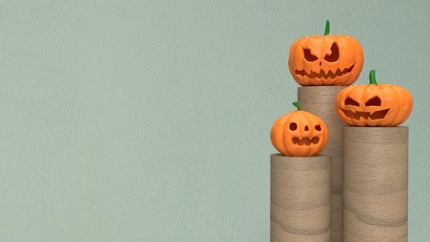 La citrouille jack o lantern sur colonne en bois pour le rendu 3d du contenu d'halloween