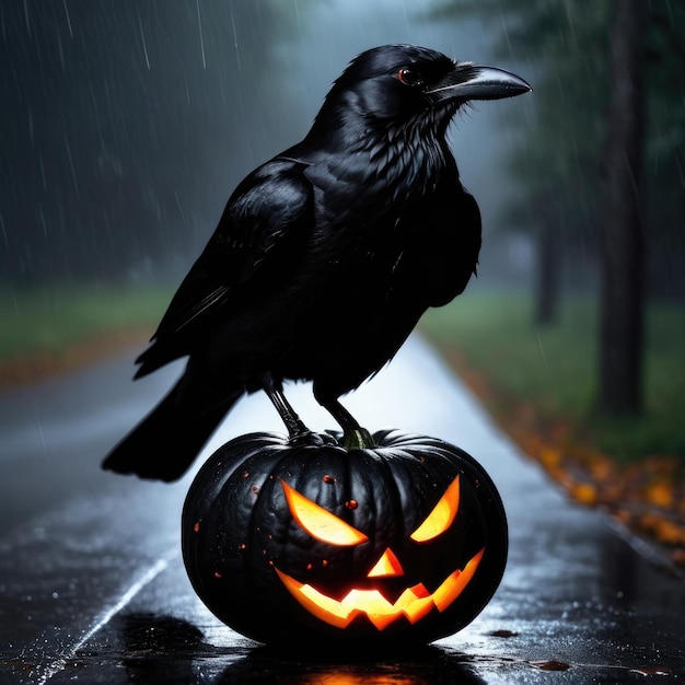 Photo une citrouille noire effrayante avec un corbeau dans la nuit pluvieuse d'halloween