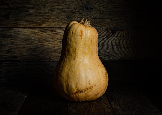 Citrouille oblongue jaune sur fond de vieilles planches de bois.