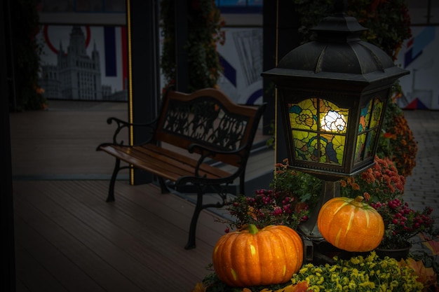 Citrouille orange et lanterne rétro avec feuilles d'érable, banc, fleurs et baies d'aubépine