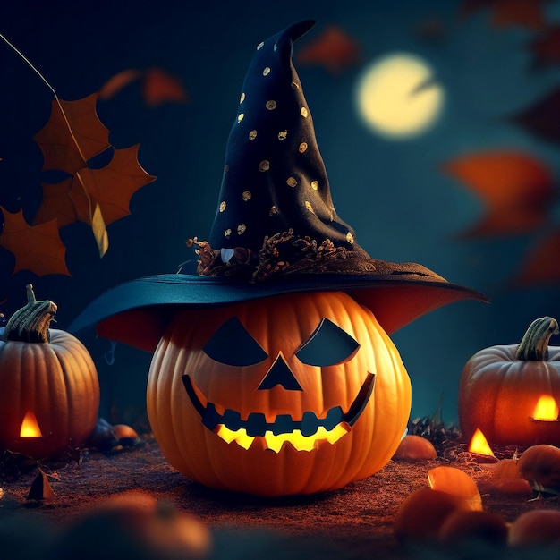 Citrouille portant un chapeau fête d'Halloween magique