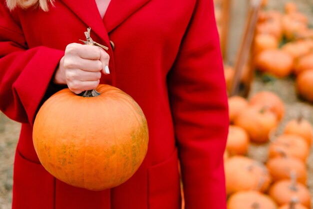 Une citrouille ronde orange vif pour Halloween dans la main des filles Contexte pour l'automne automne