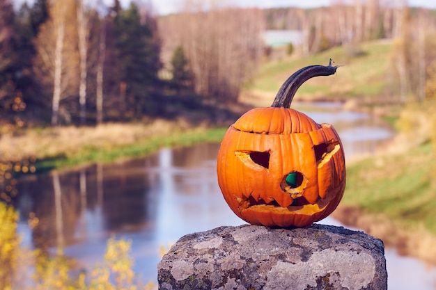 Citrouille sculptée d'Halloween avec un paysage flou en arrière-plan.