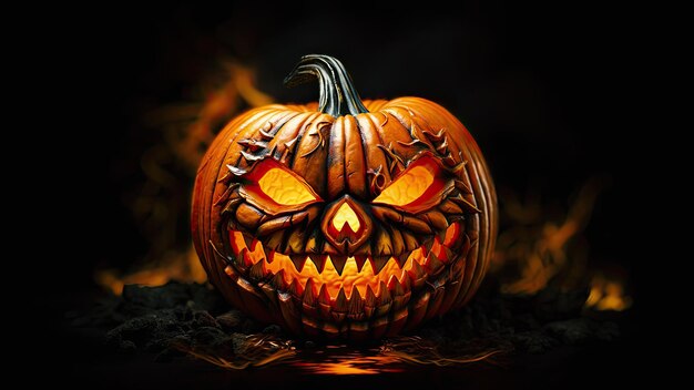 Citrouille sculptée de jackolantern effrayante brillant sur une table en bois dans un cadre sombre et effrayant